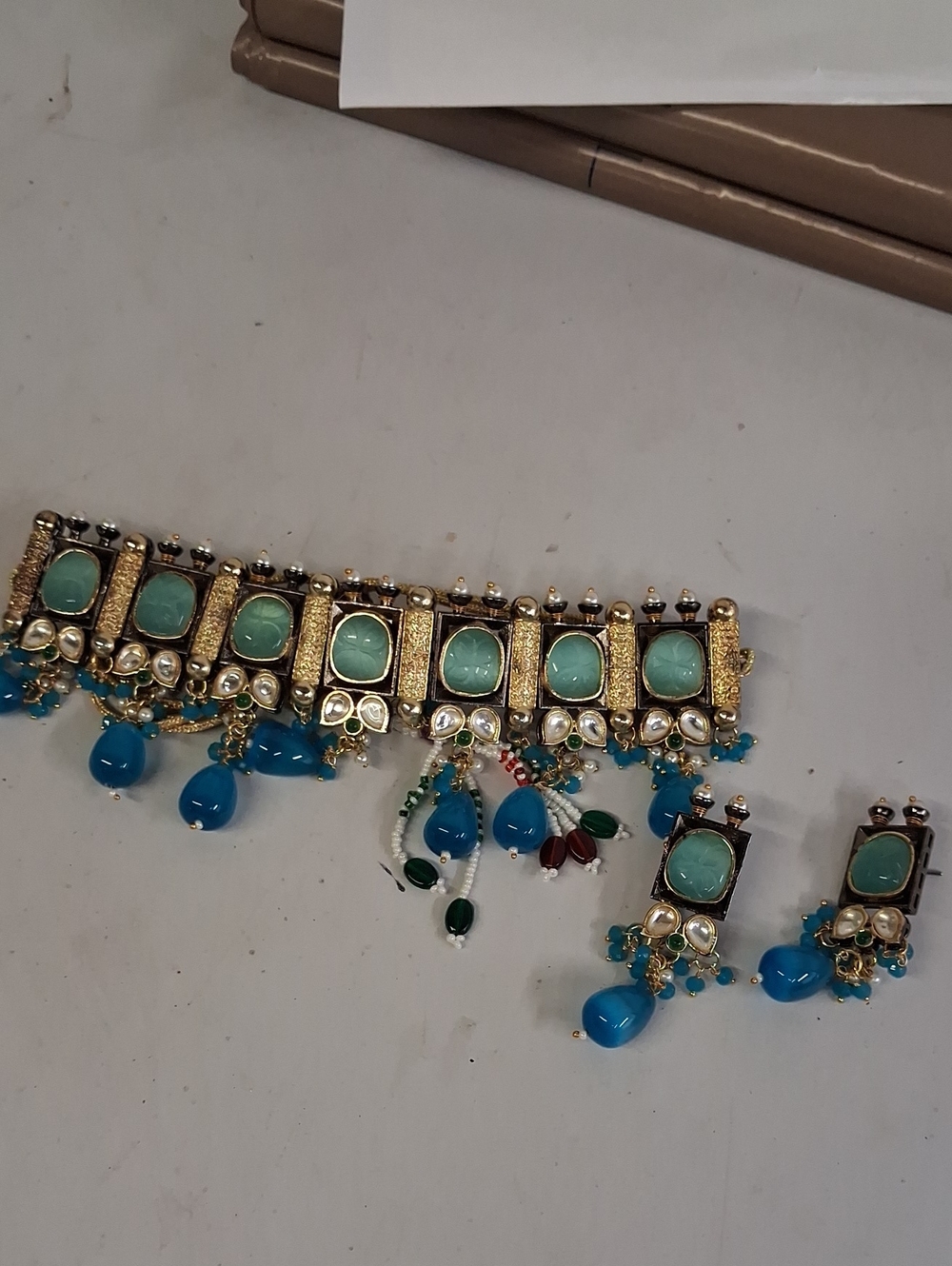 NWT Traditional Kundan Necklace & Earrings Set, Turqoise & Gold